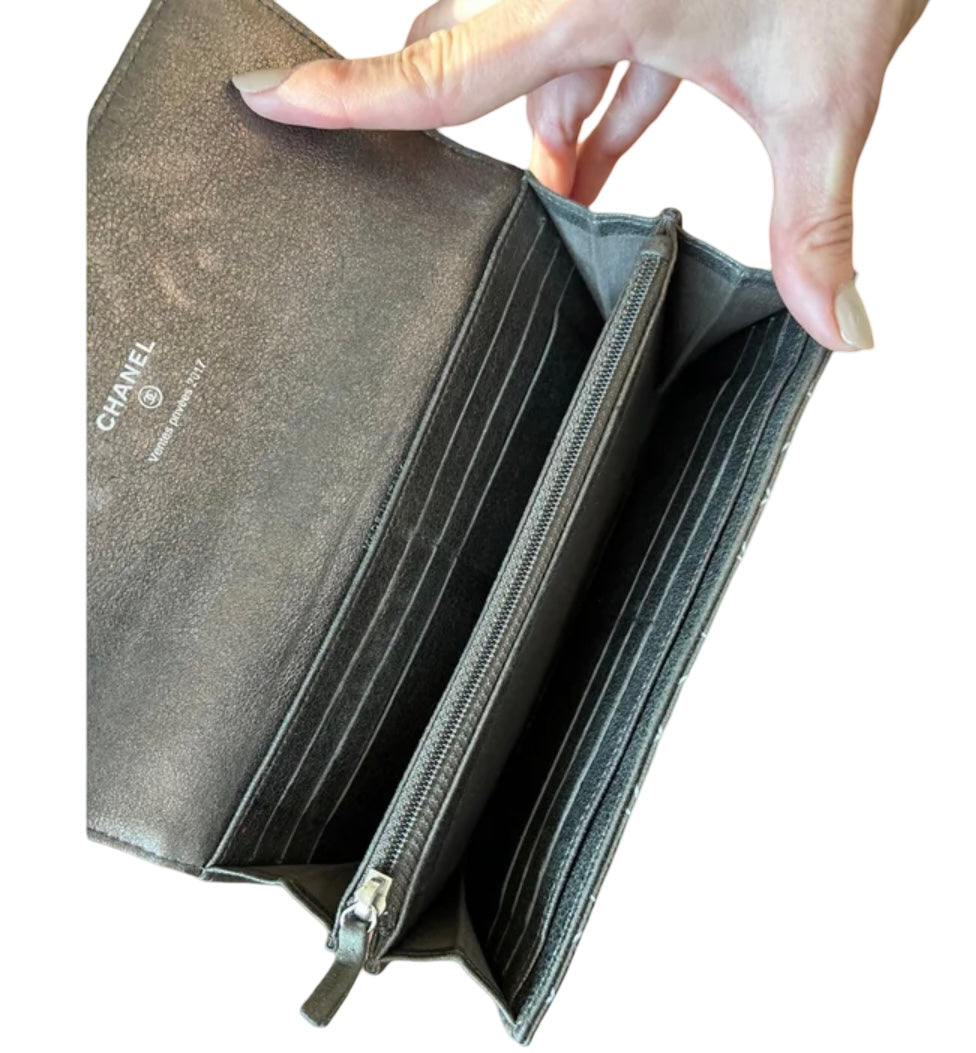 Chanel Metallic Charcoal Gray Camellia Continental Wallet
