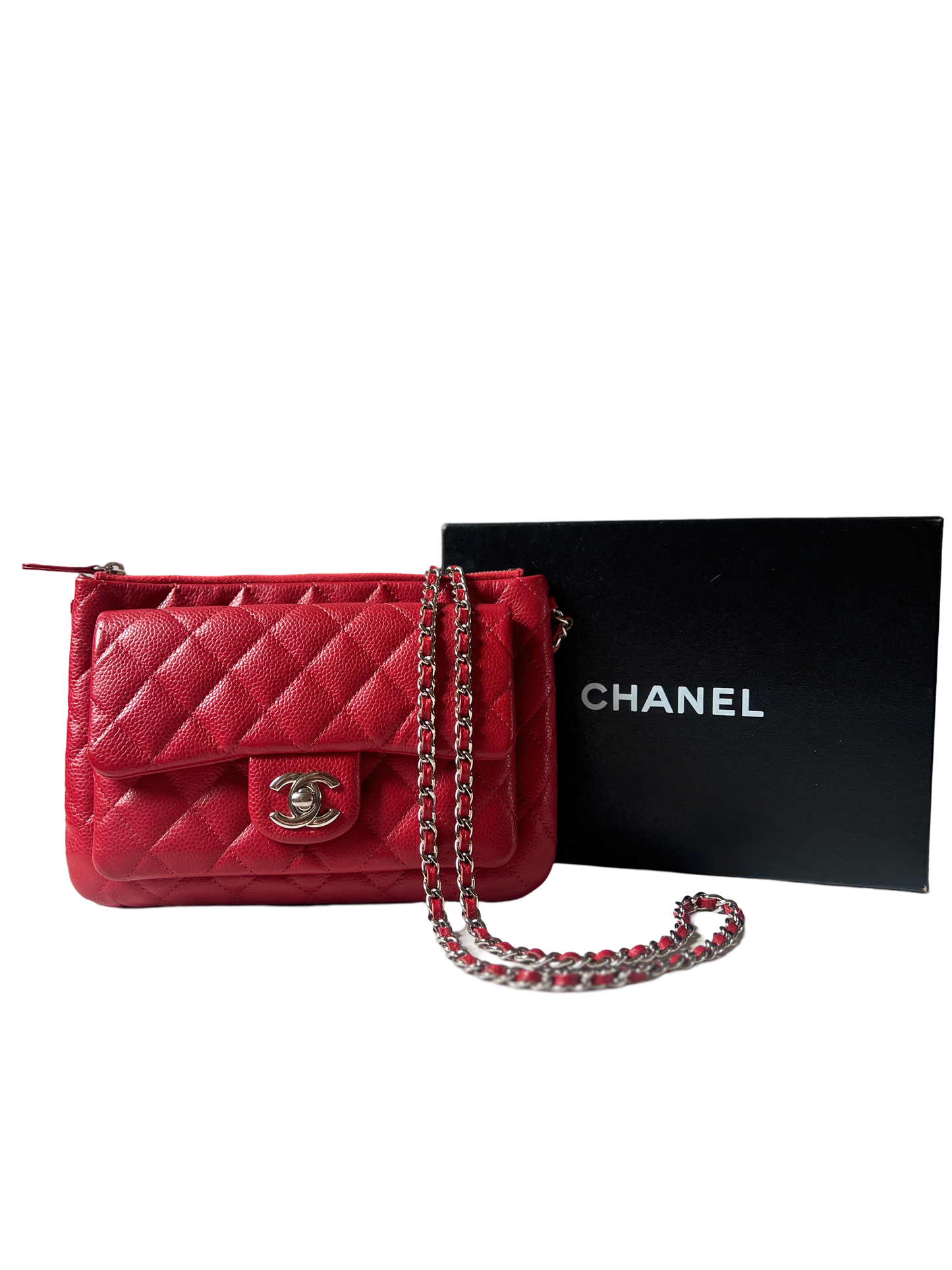 Chanel Red Caviar Front Pocket Interlocking CC Crossbody Bag