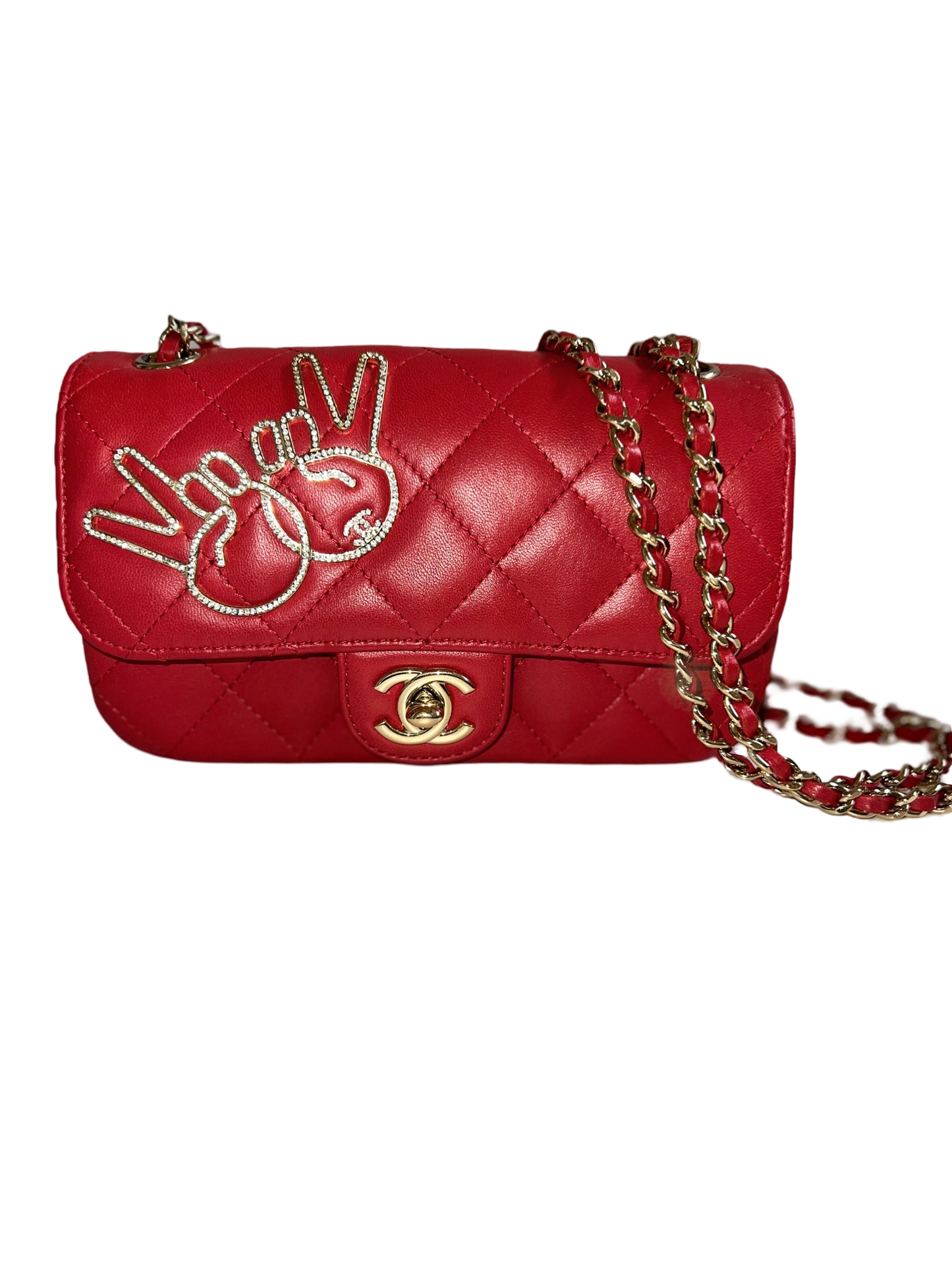 Chanel Red Lambskin Peace Sign Extra Mini Flap Bag