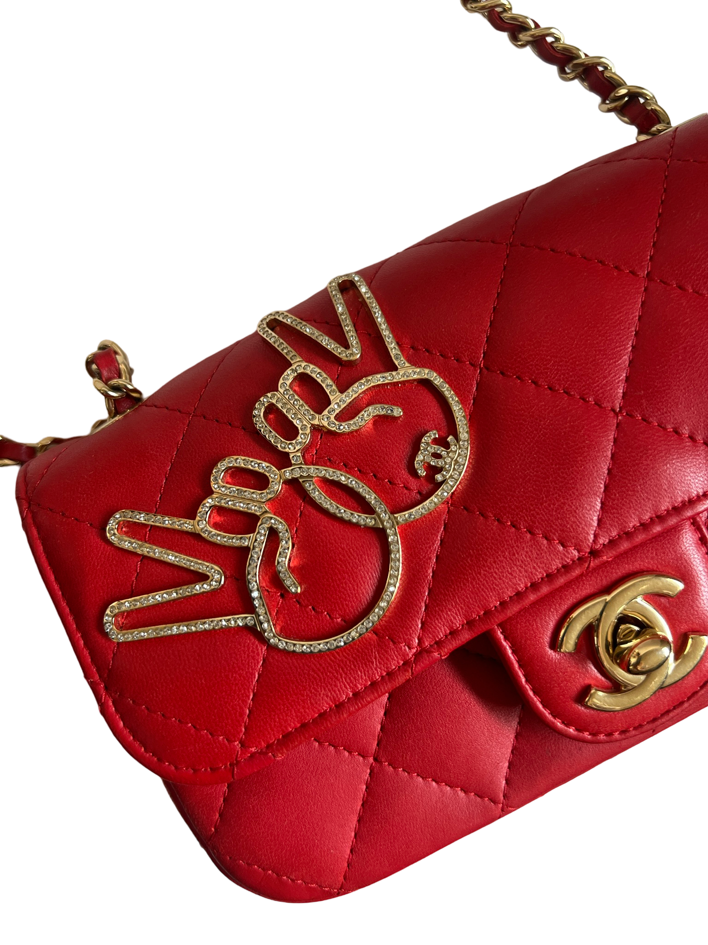Chanel Red Lambskin Peace Sign Extra Mini Flap Bag