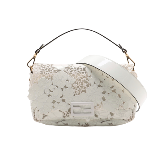 Fendi White Lace Laser Cut Baguette Shoulder Bag