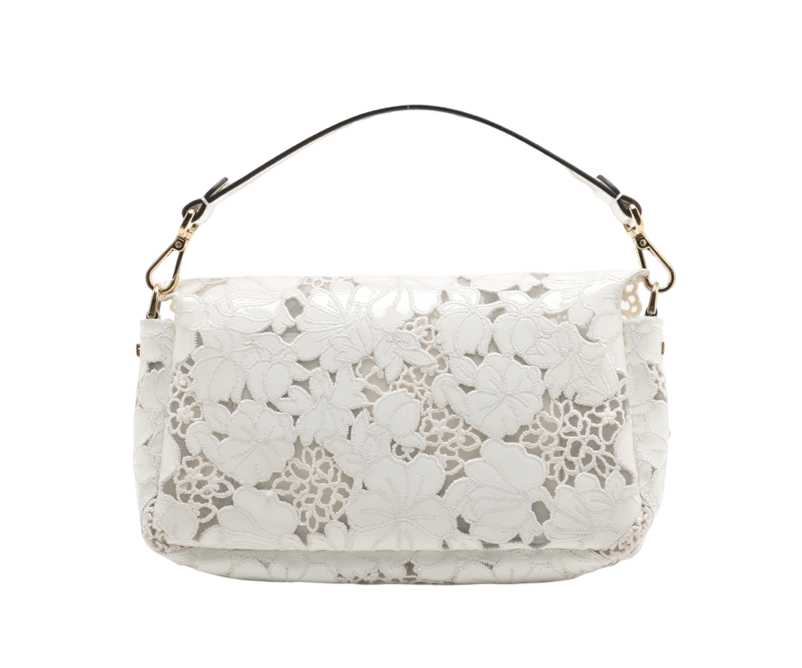 Fendi White Lace Laser Cut Baguette Shoulder Bag