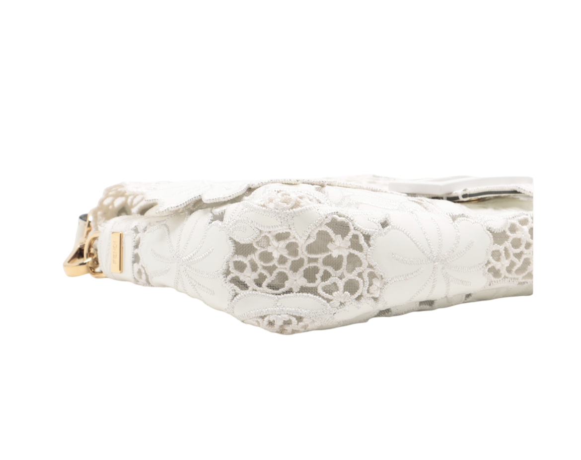Fendi White Lace Laser Cut Baguette Shoulder Bag