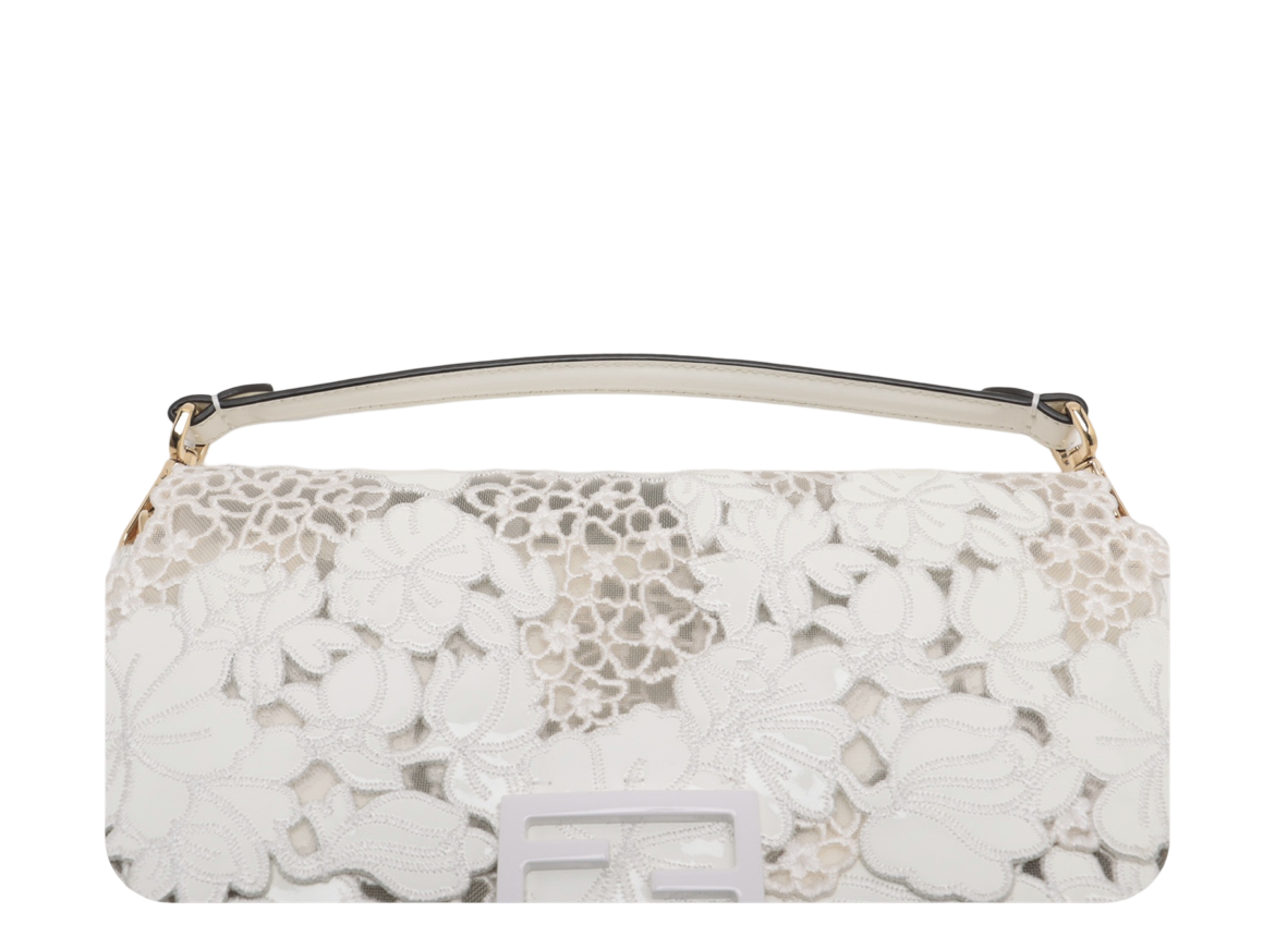 Fendi White Lace Laser Cut Baguette Shoulder Bag