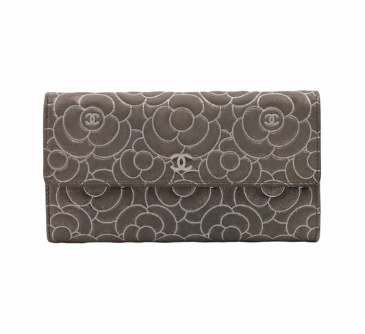 Chanel Metallic Charcoal Gray Camellia Continental Wallet