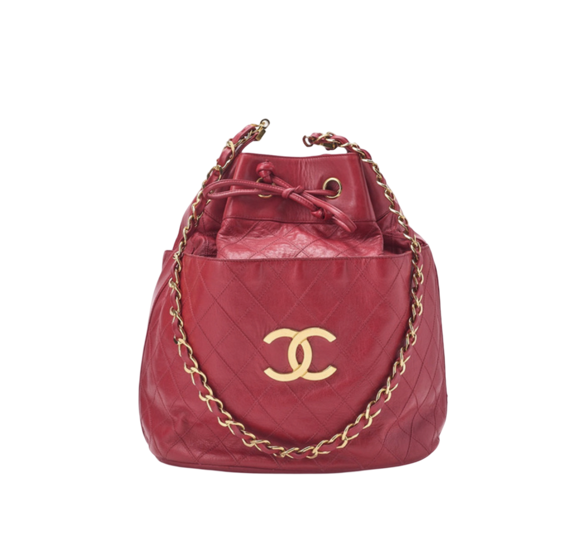 Vintage Chanel (series 1) Red Lambskin Drawstring Bucket Bag