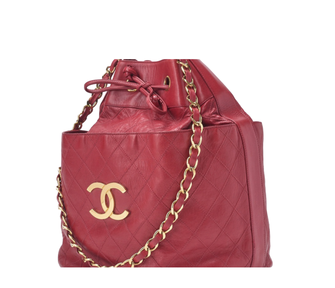 Vintage Chanel (series 1) Red Lambskin Drawstring Bucket Bag