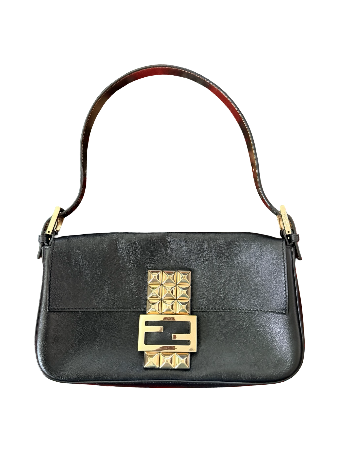 Fendi Black Leather Gold Studded Baguette Shoulder Bag