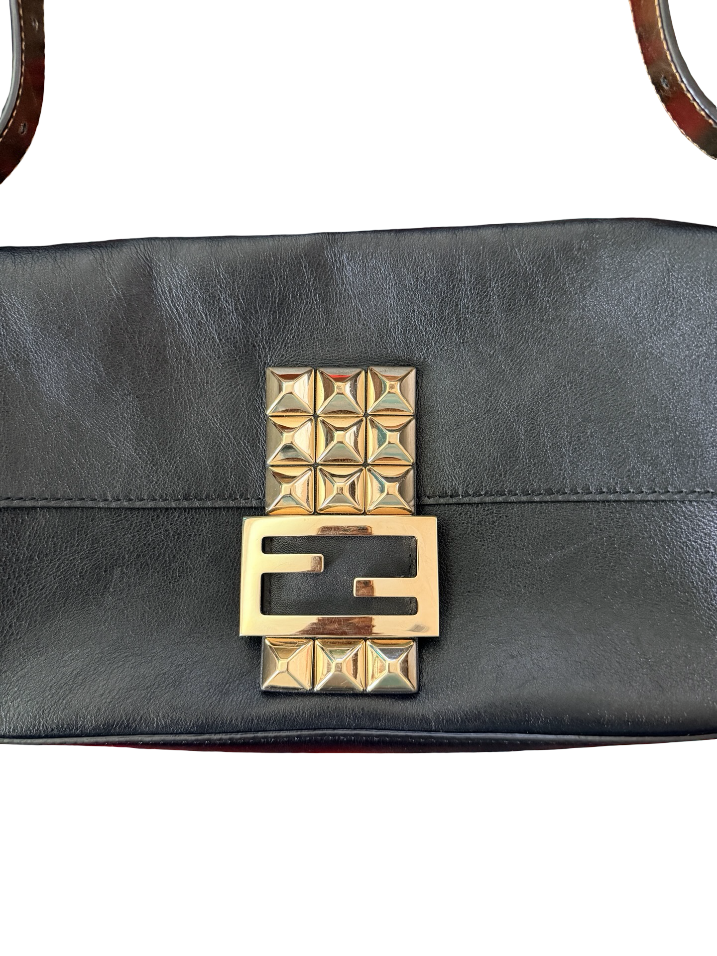 Fendi Black Leather Gold Studded Baguette Shoulder Bag
