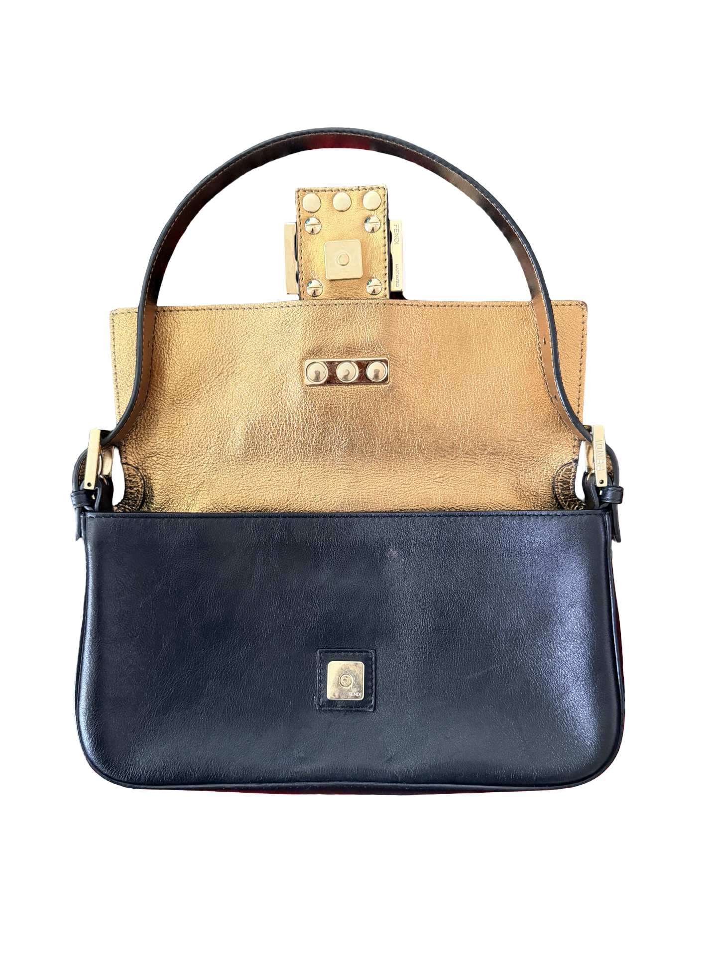 Fendi Black Leather Gold Studded Baguette Shoulder Bag