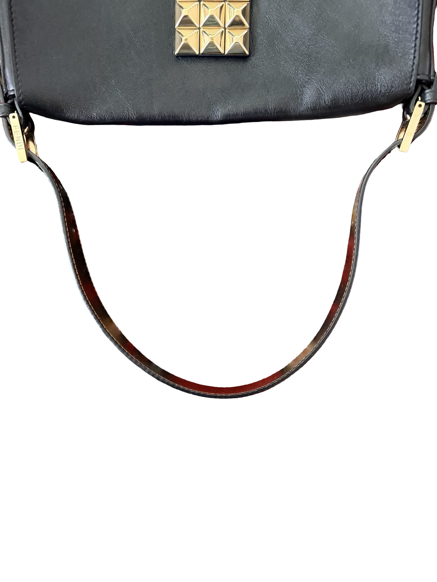Fendi Black Leather Gold Studded Baguette Shoulder Bag