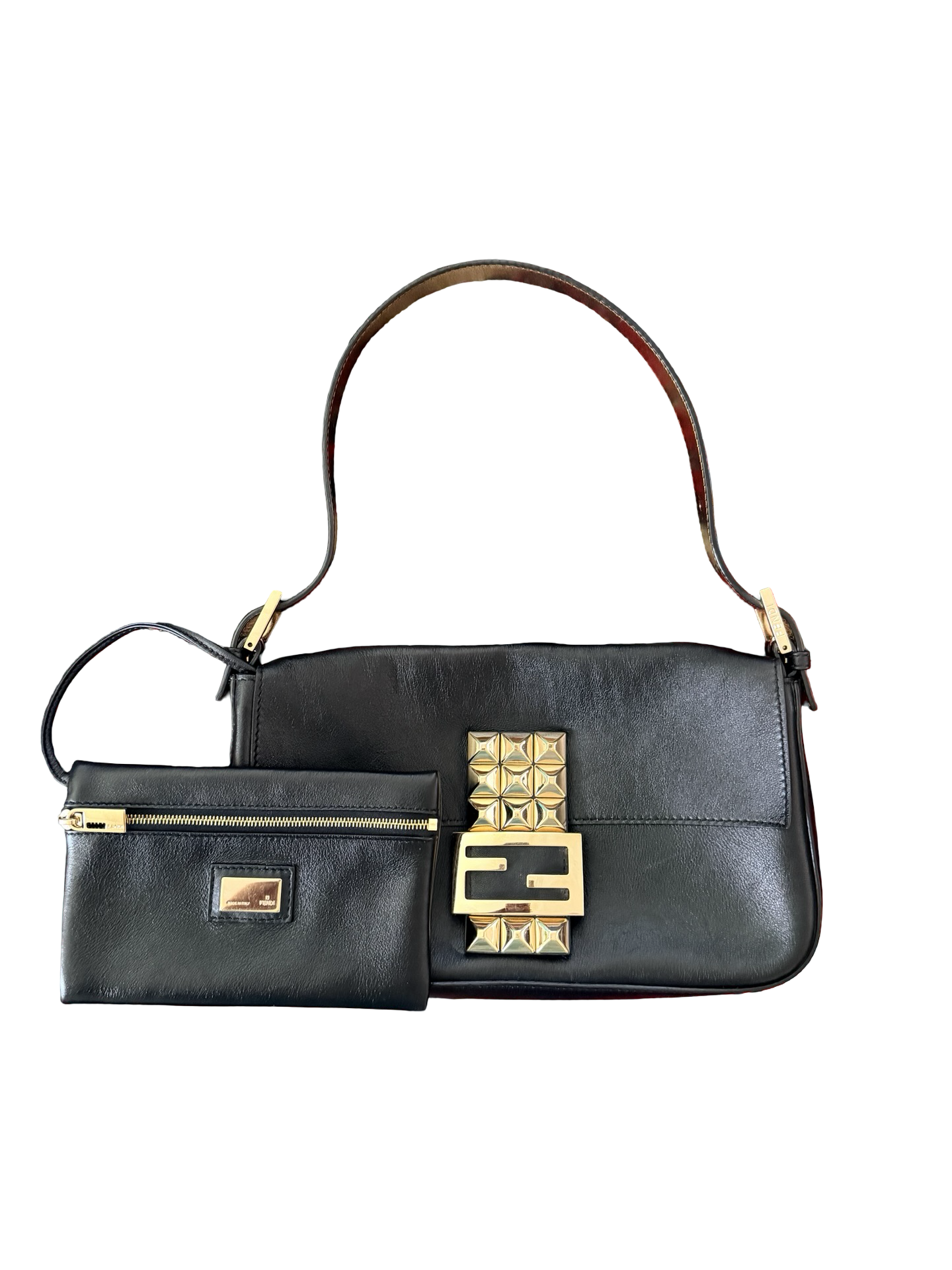 Fendi Black Leather Gold Studded Baguette Shoulder Bag