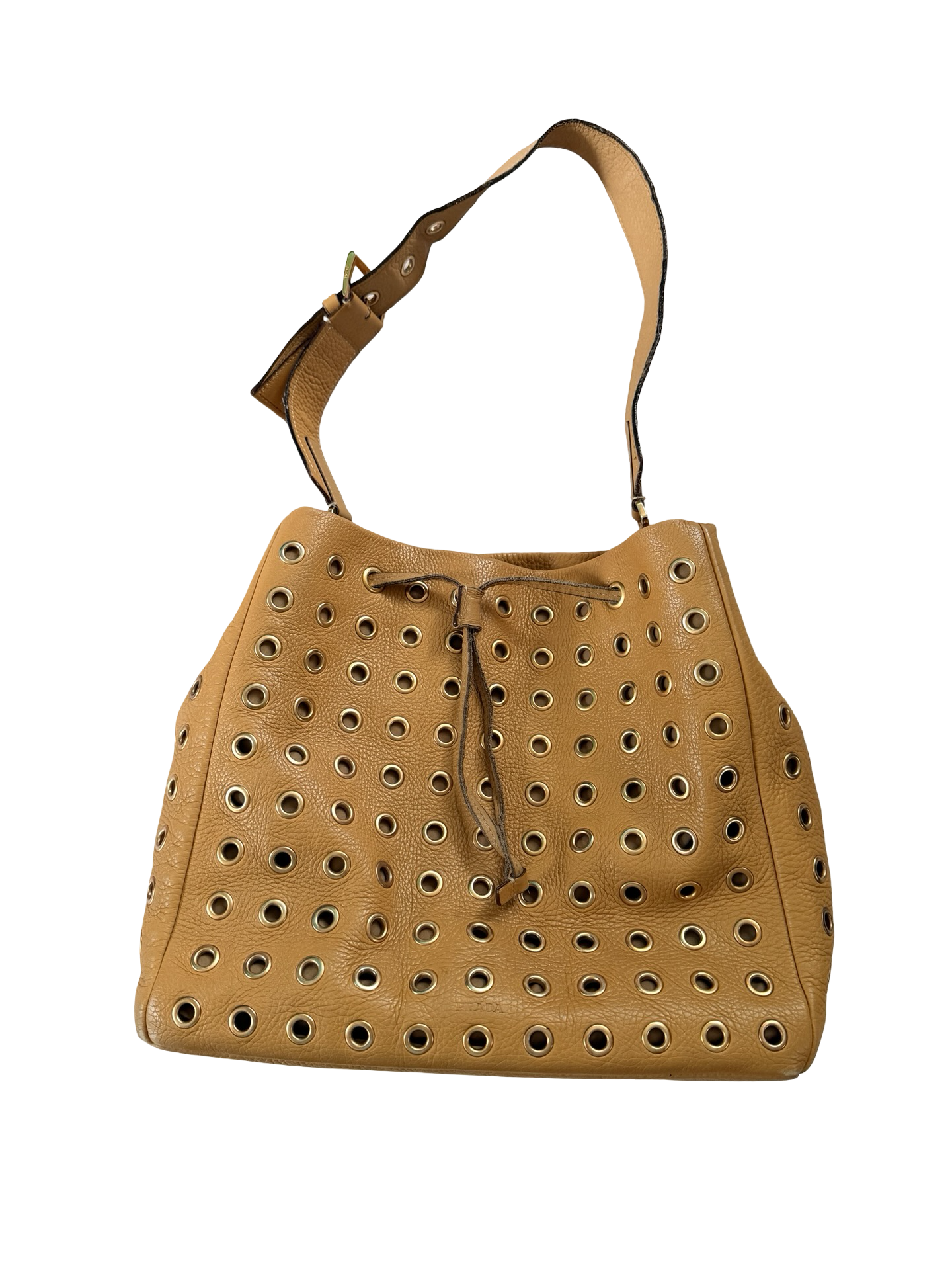 Prada Tan Vitello Daino Leather Grommet Bucket Bag