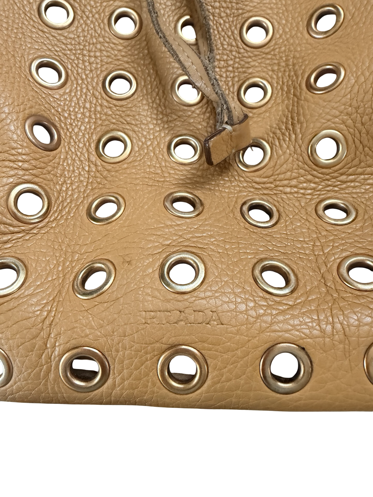 Prada Tan Vitello Daino Leather Grommet Bucket Bag