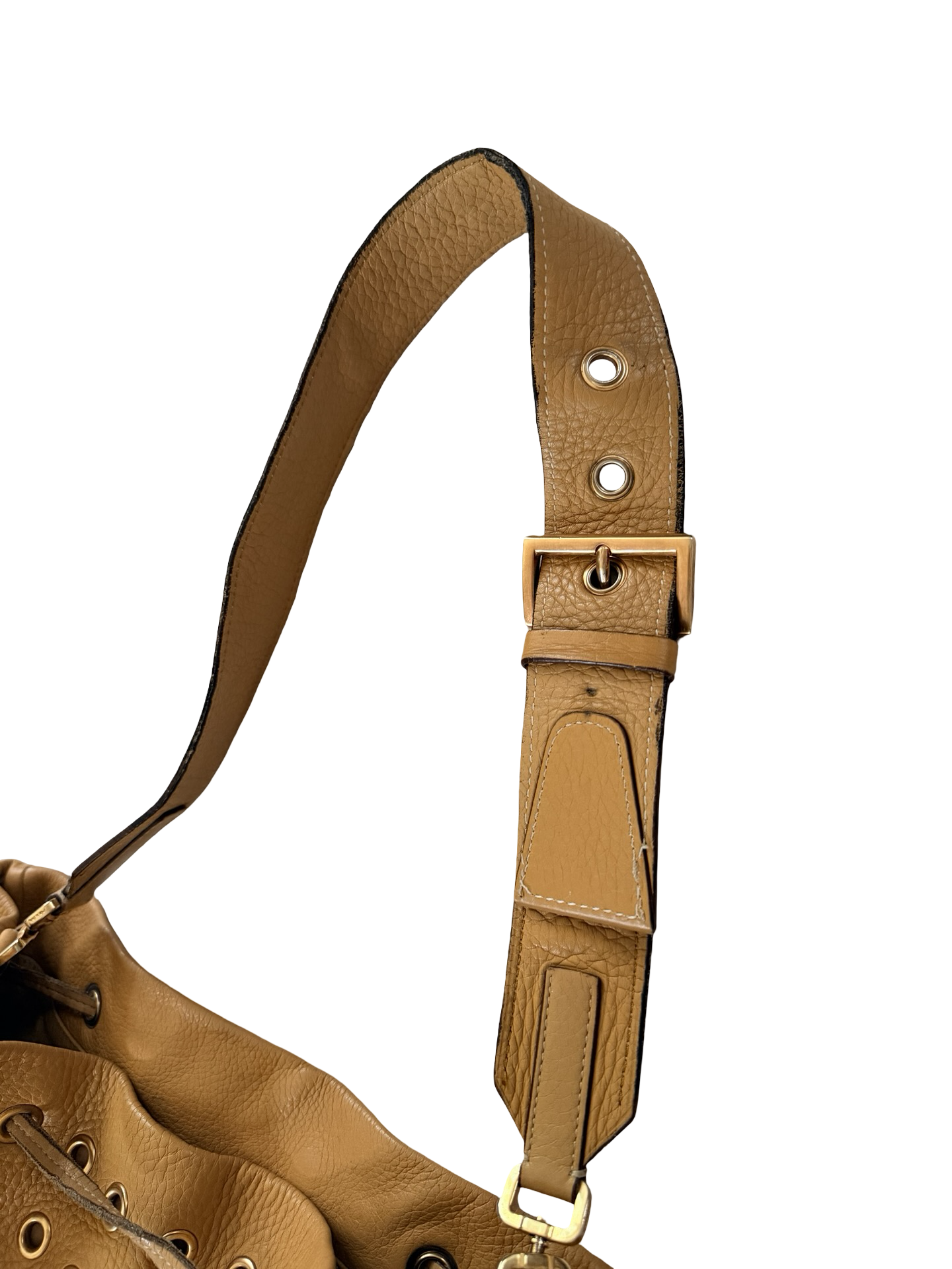 Prada Tan Vitello Daino Leather Grommet Bucket Bag