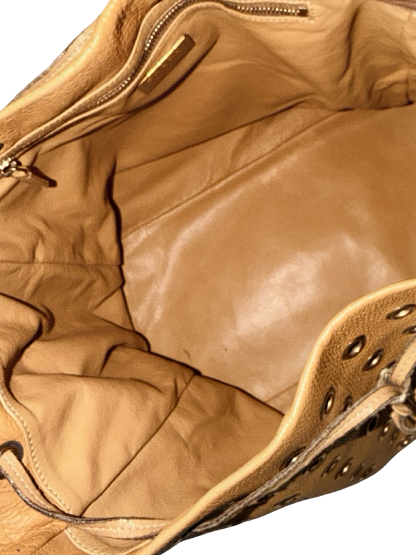 Prada Tan Vitello Daino Leather Grommet Bucket Bag