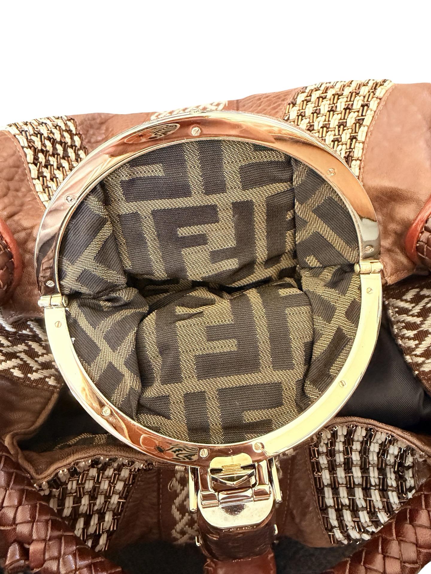 Fendi Nappa Embroidered Spy Cognac Avorio